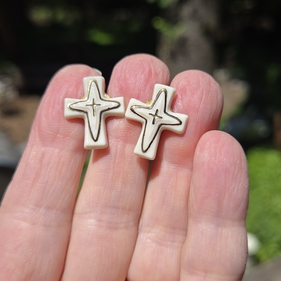 Vintage Porcelain & Gold Handmade Cross Earrings 1" - Picture 5 of 8